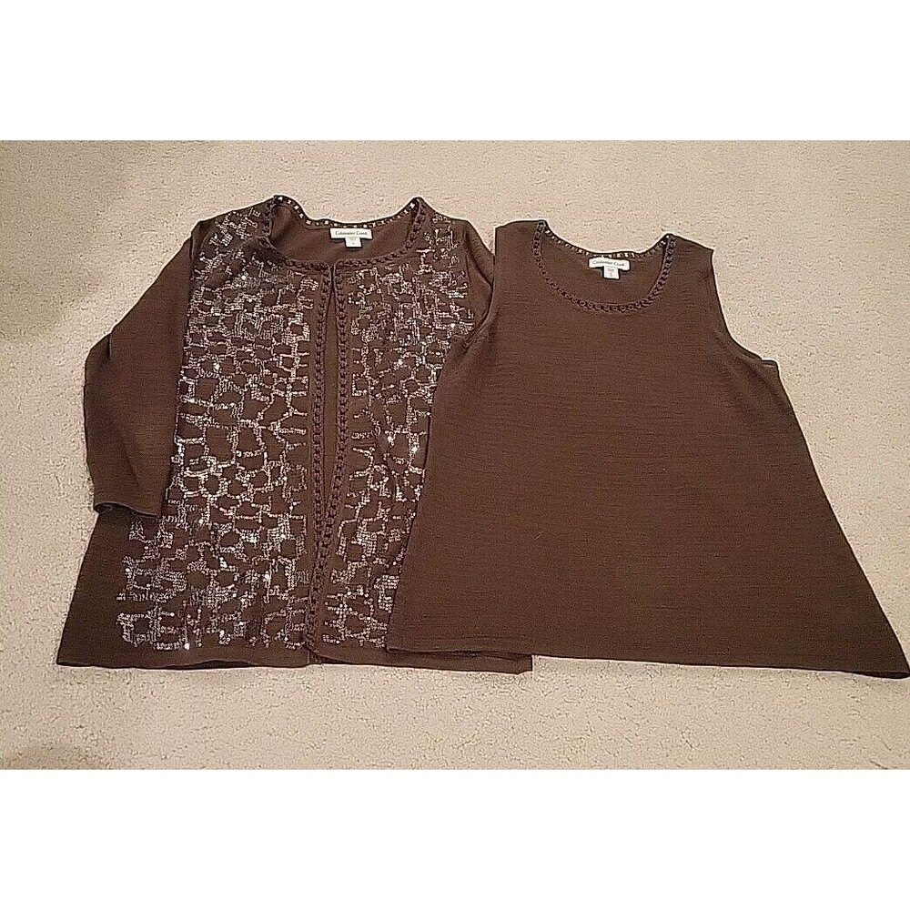 Coldwater Creek Cardigan Sweater Set W/Tank Brown Sequin 3/4 Sleeve Women's Lg